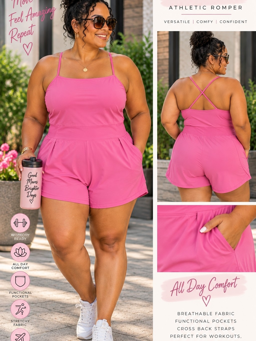 Mono B Pink Athletic Romper with Cross-Back Straps